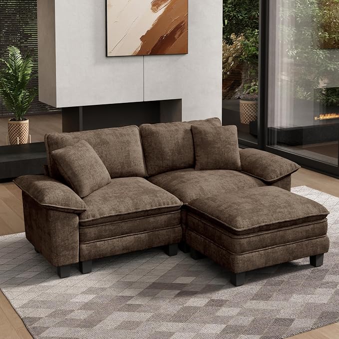 HERA'S HOUSE 88" Modular Sectional Sofa, L Shaped Couches for Living Room, Comfy Cloud Couch with Ottoman, 3-Seater Deep Seat Sofa with Throw Pillow, Chenille Grayish Brown