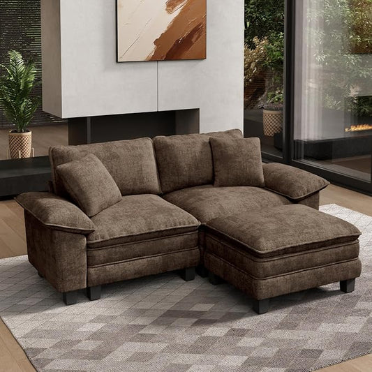 HERA'S HOUSE 88" Modular Sectional Sofa, L Shaped Couches for Living Room, Comfy Cloud Couch with Ottoman, 3-Seater Deep Seat Sofa with Throw Pillow, Chenille Grayish Brown