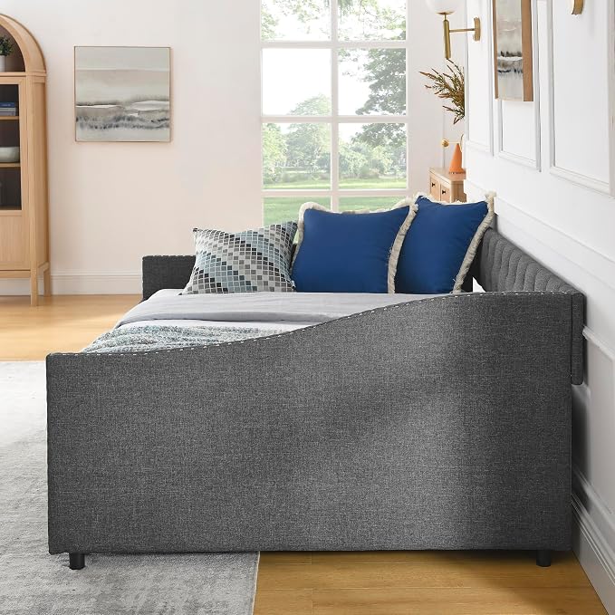 KEIKI Full Size Upholstery Daybed with 2 Drawers and Headboard, Mid-Century Style Tufted Sofa Bed with Button on Back, Easy Assembly, No Box Spring Required, for Living Room and Bedroom, Dark Grey