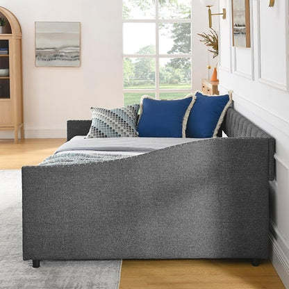 KEIKI Full Size Upholstery Daybed with 2 Drawers and Headboard, Mid-Century Style Tufted Sofa Bed with Button on Back, Easy Assembly, No Box Spring Required, for Living Room and Bedroom, Dark Grey