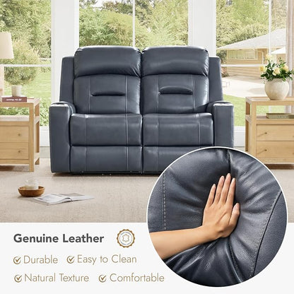 Watson & Whitely Genuine Leather Power Loveseat Recliner Sofa, Lay Flat Loveseat Reclining Sofa with Power Headrest, Cup Holders, USB & Type-C Ports, Dual Recliners for Living Room, Navy Blue