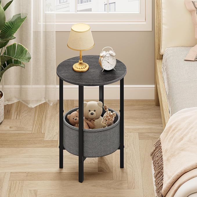 Vagusicc Round Side Table End Table with Storage Basket, Small Side Table Round Nightstand for Small Spaces, Tall Oval End Table with Steel Frame, Coffee Bedside Table for Living Room, Gray Walnut