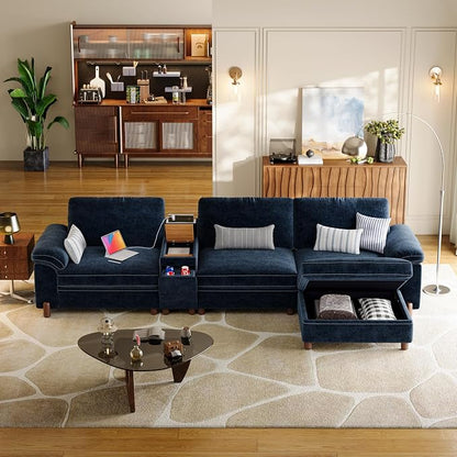 SITJOY Large Cloud Couch, 132" Wide 3 Seater Couch with Console, Navy Blue | Detachable and Washable Chenille Cover Sectional Sofas for Living Room, Deep Seat Wide Couch with Chaise, Storage Ottoman