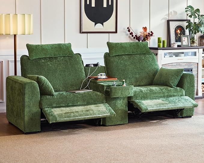 102.8'' Loveseat Power Recliner Sofa with Headrest, Oversized Cloud Modular Sectional Reclining Couch with Table, Storage Drawer, Charging, 2-Seater for RV Home Theater, Chenille, Green