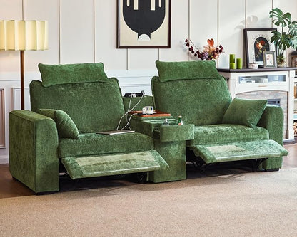 102.8'' Loveseat Power Recliner Sofa with Headrest, Oversized Cloud Modular Sectional Reclining Couch with Table, Storage Drawer, Charging, 2-Seater for RV Home Theater, Chenille, Green