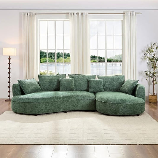 KEIKI 125" Luxury Curved Boucle Sectional Sofa with Right Chaise, Upholstered Modern Style Oversized 5-Seater Couch with Thickened Seat Cushions, Easy Assembly, for Apartment, Living Room, Green