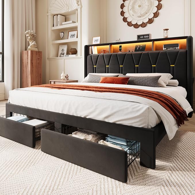 SHA CERLIN Velvet King Platform Bed Frame with 2 Storage Drawers, LED Storage Headboard with Charging Station, Wingback Upholstered, Noise Free, No Box Spring Needed, Easy Assembly, Black