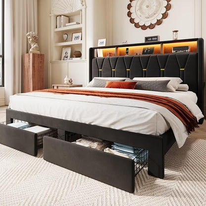 SHA CERLIN Velvet King Platform Bed Frame with 2 Storage Drawers, LED Storage Headboard with Charging Station, Wingback Upholstered, Noise Free, No Box Spring Needed, Easy Assembly, Black