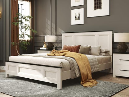 Roundhill Furniture Realynn 3-Piece Wood Bedroom Set, Queen Size Panel Bed with 2 Nightstands, Off-White Finish