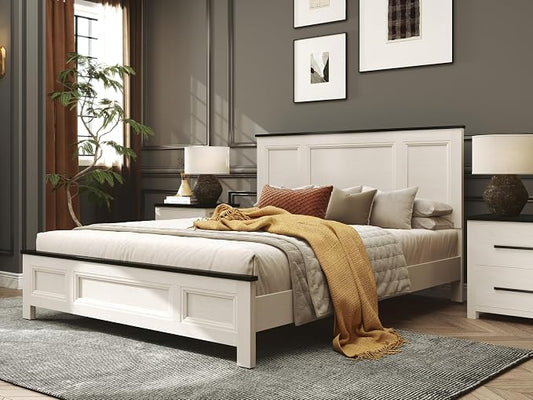 Roundhill Furniture Realynn 3-Piece Wood Bedroom Set, Queen Size Panel Bed with 2 Nightstands, Off-White Finish