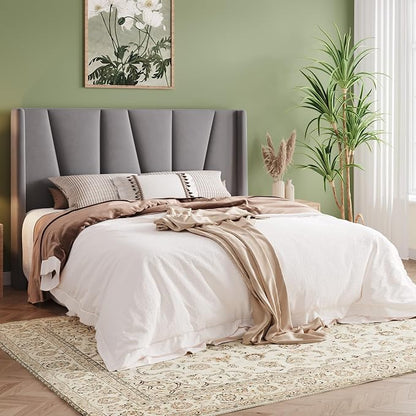 Allewie Full Size Platform Velvet Bed Frame with Geometric Wingback Headboard, Boho Upholstered Bed with Wooden Slats Support, No Box Spring Needed, Easy Assembly, Light Grey