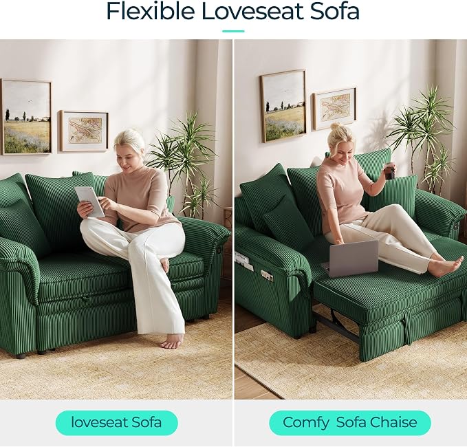 LINSY HOME Sectional Loveseat Sofa with Pull Out Chaise (Green, 62.5'') | USB Charging