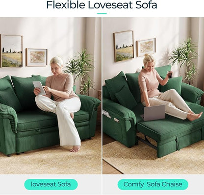 LINSY HOME Sectional Loveseat Sofa with Pull Out Chaise (Green, 62.5'') | USB Charging