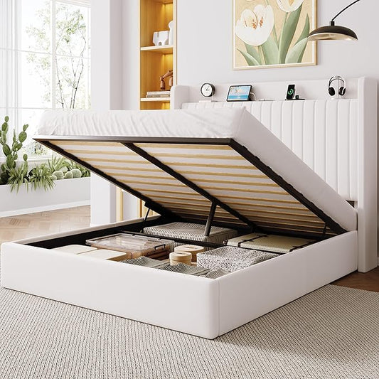 Allewie Full Size Lift Up Storage Bed Frame,Storage Shelf Headboard with Charging Station,Type-C and USB Ports,Hydraulic Support,Velvet Upholstered Bed Frame,No Box Spring Needed,White