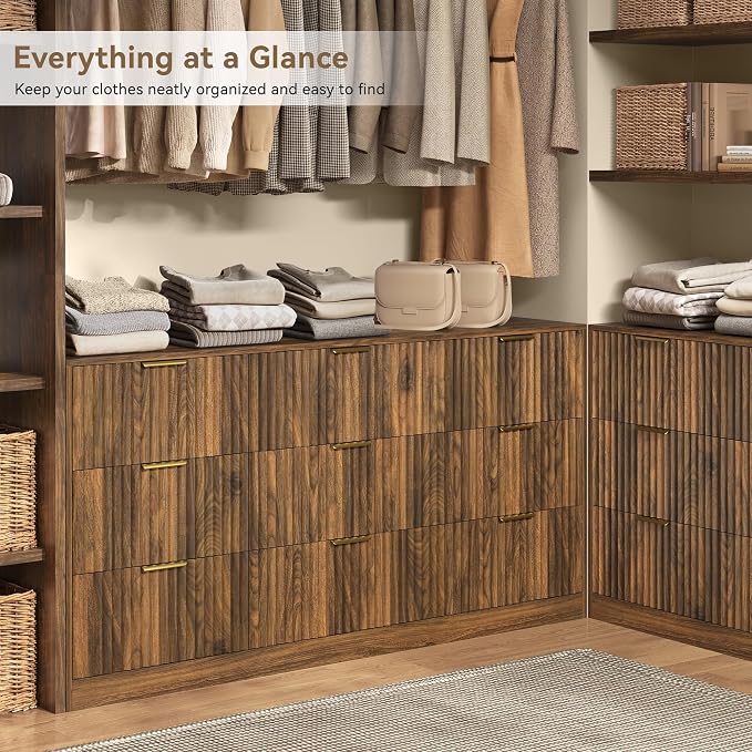 Walnut 9 Drawer Dresser for Bedroom, 63" Wide Modern Fluted Chest of Drawers, Wooden Dresser with Gold Metal Handles, Mid Century Large Dresser TV Stand for Living Room Hallway