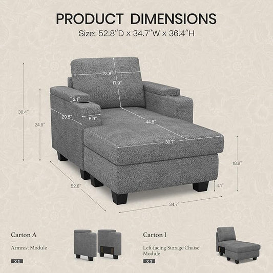 Belffin 52.8" Deep Storage Chaise Lounge with Cup Holder for Apartment Couch Light Grey