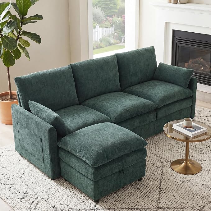 Iroomy 25" Chenille Ottoman, 9.5" Thick Cushion, Upholstered Footrest Modern Footstool & Bench for Living Room, Bedroom, Green