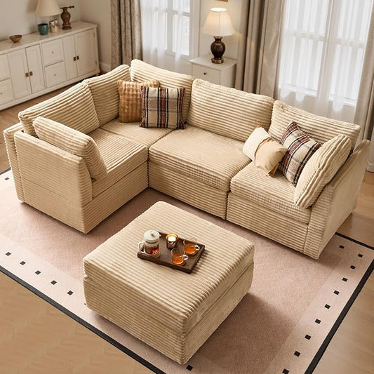 ovios Modular Sectional Sofa Couch with Sofa Bed L-Shape Chaise, Comfy Plush Corduroy Cloud Couches, Modern Luxury Deep Seat Sofas Set for Living Room, 5-Seater, Beige