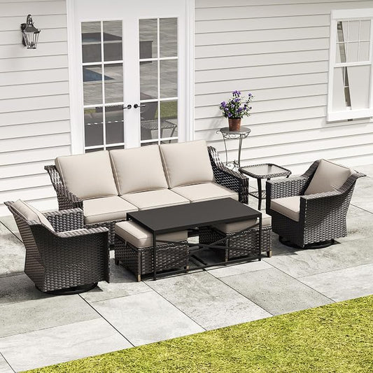 7 Pieces Outdoor Conversation Furniture Set - 77" Patio Sofa, 2 Swivel Rocker Chairs, 2 Ottomans, 1 Side Table, 1 Metal Table, Wicker Couch with Washable Cushions for Balcony (Beige)