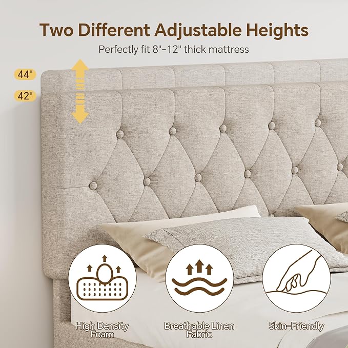 Queen Bed Frame with 2 Wood Storage Drawers & Pull‑Out Trundle Bed,Upholstered Platform Bed Frame Queen Size with Adjustable Headboard,Wooden Slats Support,No Box Spring Needed,Taupe