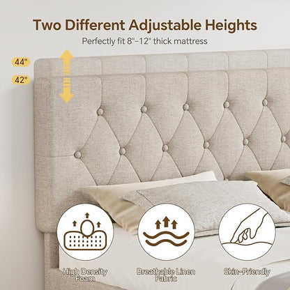 Queen Bed Frame with 2 Wood Storage Drawers & Pull‑Out Trundle Bed,Upholstered Platform Bed Frame Queen Size with Adjustable Headboard,Wooden Slats Support,No Box Spring Needed,Taupe