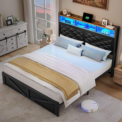 YITAHOME Queen Size Bed Frame with Storage Headboard and Large Under Bed Storage, Upholstered Platform with Charging Station and LED Light, No Box Spring Needed, Noise Free, Charcoal Black