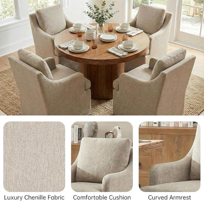 VKNOW Upholstered Dining Chairs, Modern Kitchen Chairs Dinner Chairs with 4 Casters, Chenille Armchair for Bedroom Reading Room Living Room, Borwn