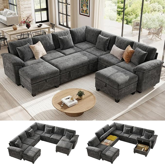 Ihanherry 108" Modular Sectional Sofa with Pull Out Bed, 9-Seater U Shaped Sectional Sleeper Couch with Storage, Chenille Convertible Couches for Living Room, Apartment (Grey)