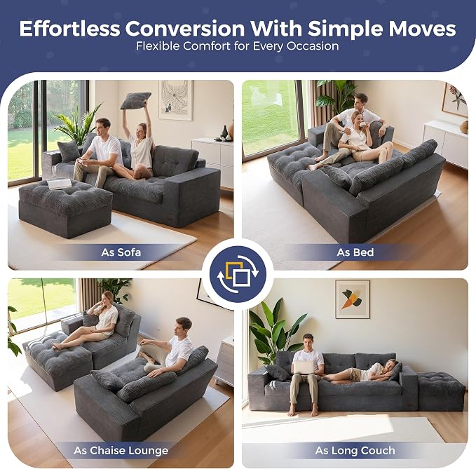 MAXYOYO 96" L Shaped Modular Sectional Sofa with Ottoman, Cloud Boneless Couch with Layered Cushion, Upholstered Sofa in a Box, Flexible Module Combination for Living Room, No Assembly, Dark Grey
