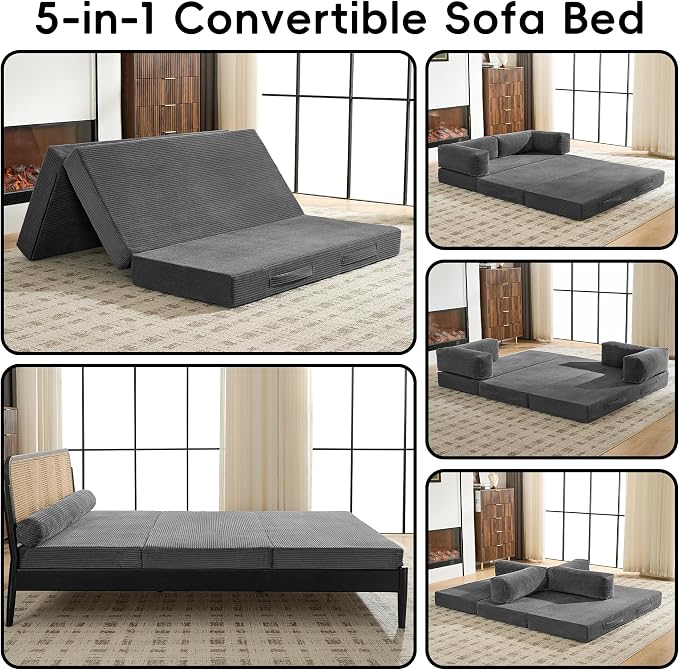 5-in-1 Convertible Sofa Bed, 60" Boneless Loveseat Couch Tri Folding Mattress with Removable L-Shaped Armrests, Corduroy Futon Couch Sleeper with Pull Out Bed for Living Room Bedroom Apartment, Grey