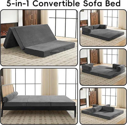 5-in-1 Convertible Sofa Bed, 60" Boneless Loveseat Couch Tri Folding Mattress with Removable L-Shaped Armrests, Corduroy Futon Couch Sleeper with Pull Out Bed for Living Room Bedroom Apartment, Grey