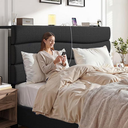 EnHomee Twin Size Bed Frame with Upholstered Headboard,Adjustable Height Platform Bed,Charging Station,No Box Spring Needed,Easy Assembly,Noise-Free Black