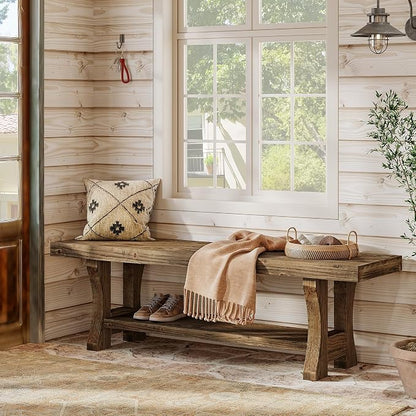 Solid Wood Entryway Bench, 55" End of Bed Bench, Long Indoor Dining Seat for Hallway, Bedroom, Living Room, Dining Room, Easy Assembly, Dark Brown
