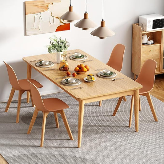 VECELO Dining Chairs Set of 4, Mid-Century Modern Kitchen & Dining Room Chairs, Molded Plastic Seat & Back, Solid Wood Legs, Armless, Non-Slip Feet, Orange