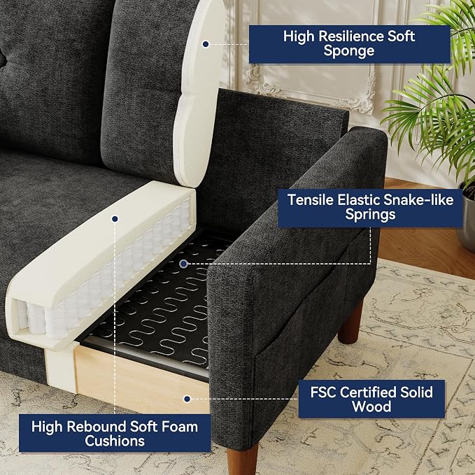 Vipbear 48" Loveseat Sofa,Modern Small Couches for Small Spaces,Black Chenille Love Seat Couch for Living Room,Bedroom,Apartment,Office,Deep Seat,Throw Pillow,Side Pockets,Square Armrest