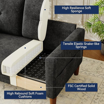 Vipbear 48" Loveseat Sofa,Modern Small Couches for Small Spaces,Black Chenille Love Seat Couch for Living Room,Bedroom,Apartment,Office,Deep Seat,Throw Pillow,Side Pockets,Square Armrest