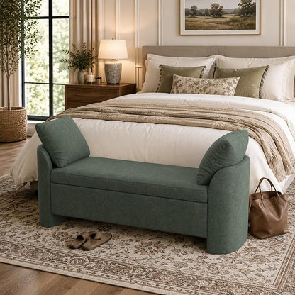 Usaint 58.3" Storage Ottoman Bench with Pillows, Upholstered End of Bed Bench with Arms, Footrest Stool Bench for Bedroom, Living, Window, Entryway and Hallway, Green
