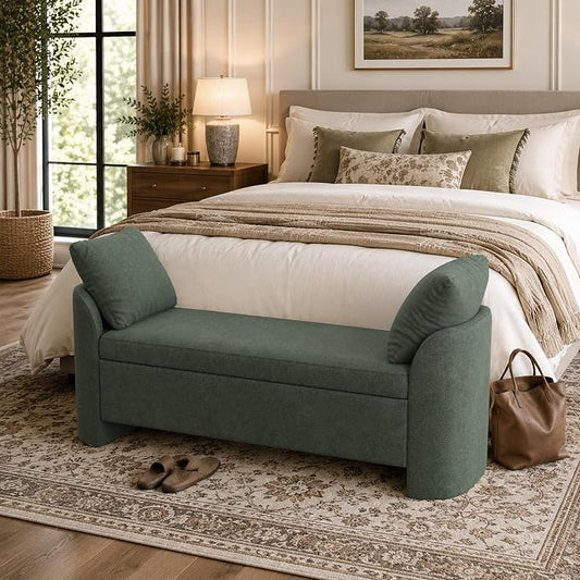 Usaint 58.3" Storage Ottoman Bench with Pillows, Upholstered End of Bed Bench with Arms, Footrest Stool Bench for Bedroom, Living, Window, Entryway and Hallway, Green