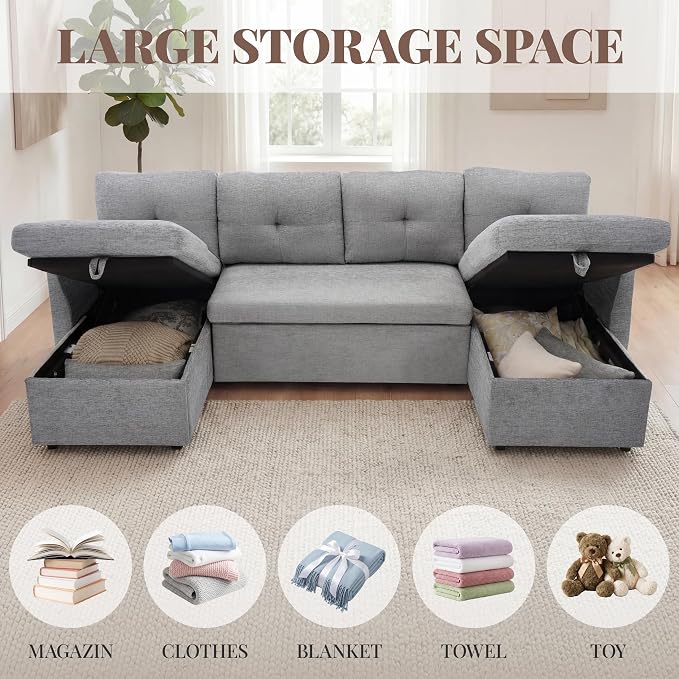 Huatean Home Oversized Sleeper Sofa Couch, 100 inch 2 in 1 Pullout Couch Bed with Side Pockets for Living Room, Sectional Sleeper Sofa Bed with Double Storage Chaise, LightGrey