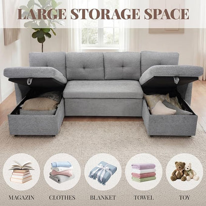 Huatean Home Oversized Sleeper Sofa Couch, 100 inch 2 in 1 Pullout Couch Bed with Side Pockets for Living Room, Sectional Sleeper Sofa Bed with Double Storage Chaise, LightGrey