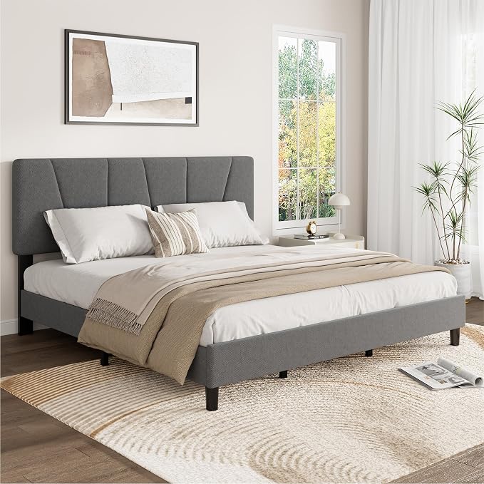 GarveeHome Queen Size Bed Frame with Upholstered Headboard, Modern Fabric Platform Bed Frame with Wooden Slat Support, Adjustable Headboard, No Box Spring Needed, Noise-Free, for Bedroom