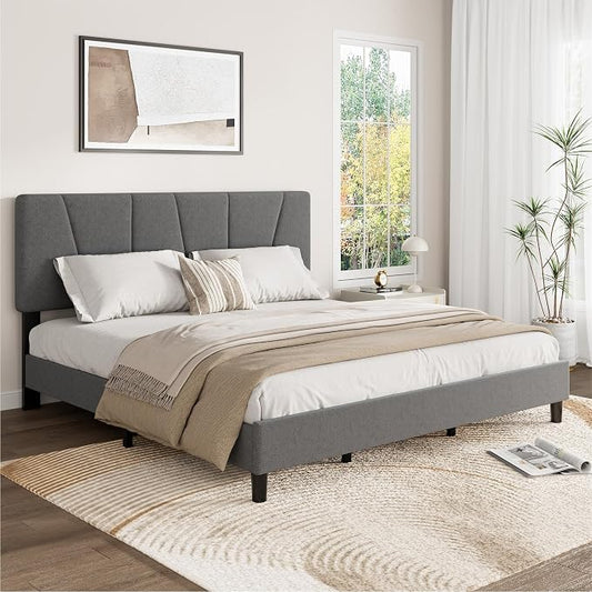 GarveeHome Queen Size Bed Frame with Upholstered Headboard, Modern Fabric Platform Bed Frame with Wooden Slat Support, Adjustable Headboard, No Box Spring Needed, Noise-Free, for Bedroom