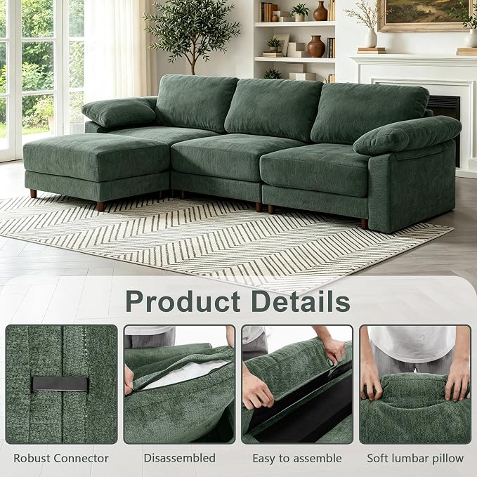 Oversized L Shaped Sectional Couch for Living Room, Extra Large Deep Seat Modular Sectional Sofa with Washable Covers, Modern Cloud Couch for Apartment, Bedroom (Green, L Shape 4 Seat)