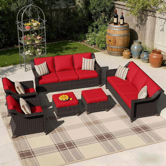 6 Pieces Patio Conversation Furniture Set - 2 Sofas, 2 Armchairs, 2 Ottomans, Outdoor Wicker Furniture with Removable Cushions for Porch, Balcony, Sunroom (Red)