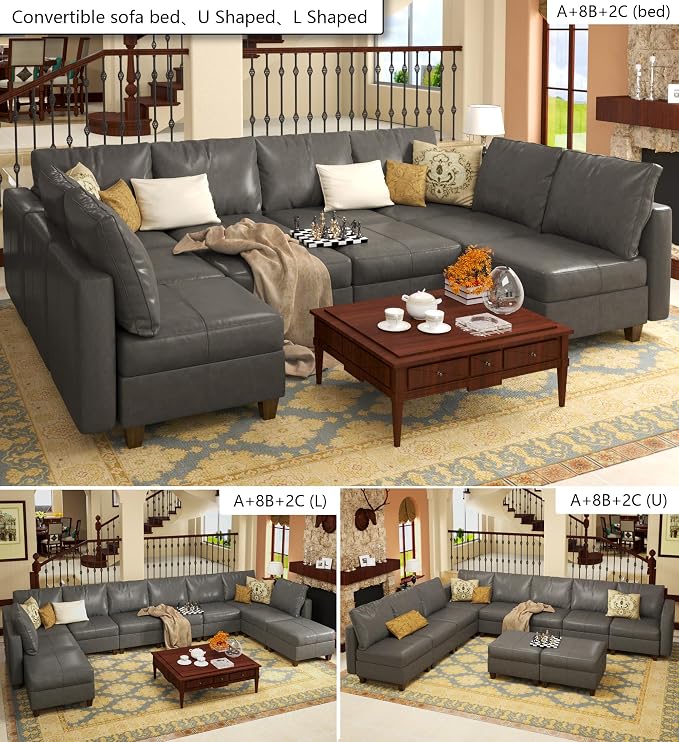 EASE MOOSE Modualr Sectional Couch U Shaped Sofa with Storage Ottomans, Gray Faux Leather Sectional Sofa Modular Couch