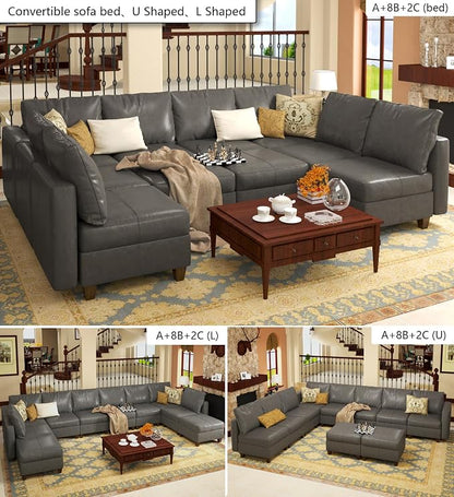 EASE MOOSE Modualr Sectional Couch U Shaped Sofa with Storage Ottomans, Gray Faux Leather Sectional Sofa Modular Couch