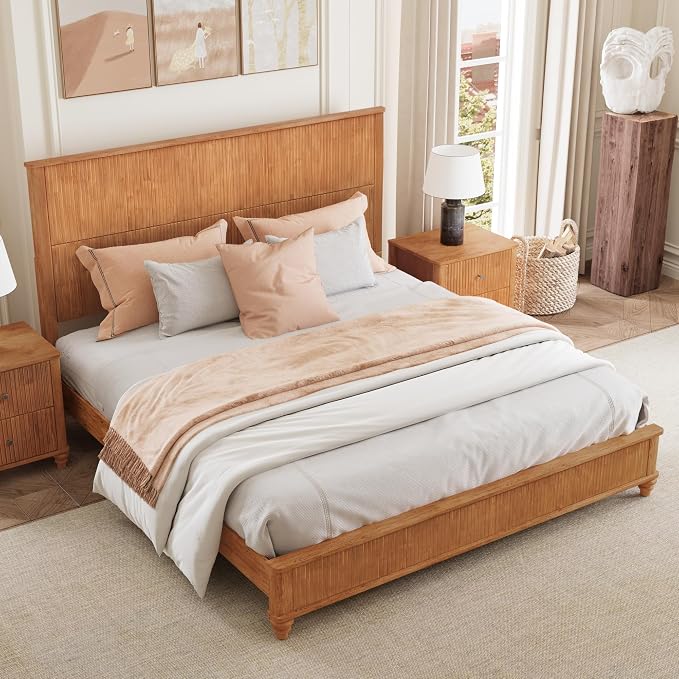3-Pieces Bedroom Sets, King Size Platform Bed with 2 Nightstands, Solid Wood Platform Bed Frame with Tall Headboard and Classic American Turned Legs (Natural, King)