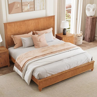 3-Pieces Bedroom Sets, King Size Platform Bed with 2 Nightstands, Solid Wood Platform Bed Frame with Tall Headboard and Classic American Turned Legs (Natural, King)