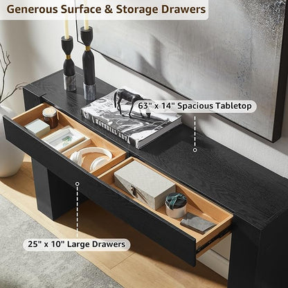 OKD Modern Entryway Console Table, Sofa Table with Drawers, 63" Long Hall Table Behind Couch, Thick Wood Design for Living Room, Hallway - Black Oak