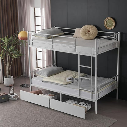 Karl home White Bunk Bed Twin Over Twin with 2 Storage Drawers, Metal Bunk Bed with Built-in Ladder and Safety Guardrail, Space-Saving Twin Bunk Beds for Kids, Teens & Adults, No Box Spring Needed